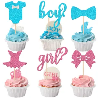 24 Pack Boy or Girl Cupcake Toppers Pink and Blue Glitter Baby Shower