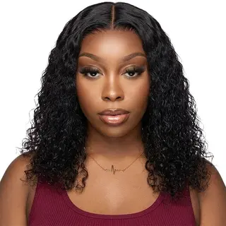 14Inch Water Wave Glueless Frontal Wig Brazilian Curly Bob Wig Black IN
