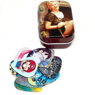 Guitar Pick Tin – 12-Pack of Mixed Print Guitar Plectrums – Guitarist Accessory Set