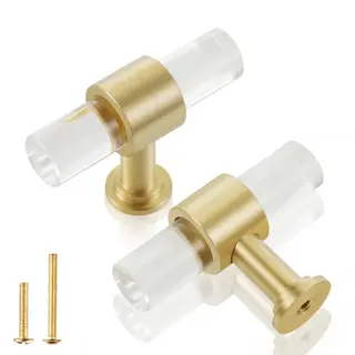 QOGRISUN 5-Pack Acrylic Cabinet Knobs with Brass Base,Gold Modern Drawer Euro Style T Bar Handles