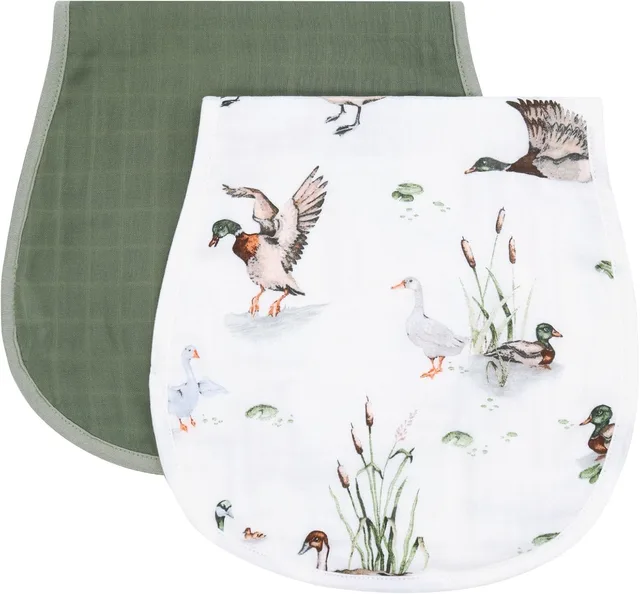 LifeTree Muslin Baby Burp Cloths - 2 Pack 70% Viscose from Bamboo and 30% Cotton Large 22'' by 10'' Absorbent Milk Spit Up Rags - Burping Cloths for Newborn, Girls Boys, MallardDuck & Olive