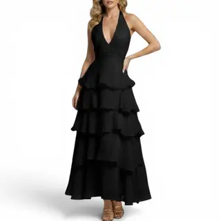 GlammeFab Tie-Neck Layered Dress Black - M