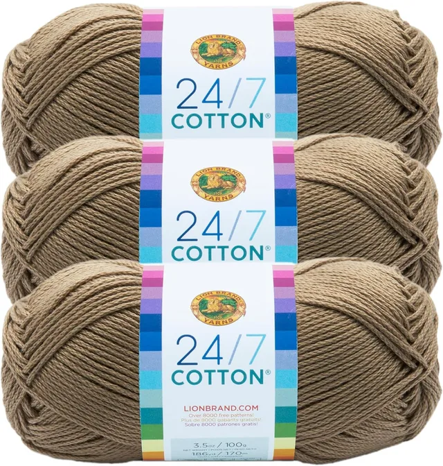Lion Brand Yarn Lightweight 24/7 Cotton Yarn for Knitting, Crocheting, and Crafts, Taupe, 3 Pack