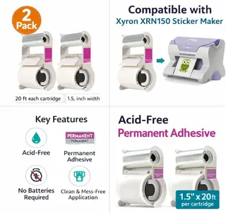 2-Pack - Xyron Acid-Free Permanent Adhesive Refill Cartridge for XRN150 1.5-inch "X" Sticker Maker, 20-feet Each