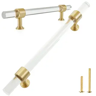 QOGRISUN 2-Pack Acrylic Cabinet Pulls with Brass Base, Gold Modern Drawer Handles, 7-9/16-inch Hole Center for Kitchen