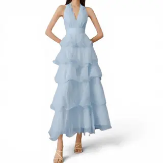 GlammeFab Tie-Neck Layered Dress Baby Blue - M