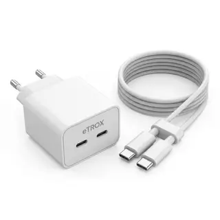 eTROX 50W GaN USB-C Charger 2 Port + Cable - Fast Wall Charger