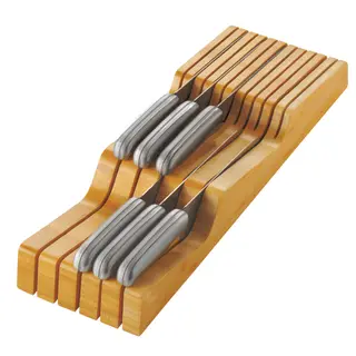 In-Drawer Knife Block - Bamboo Knife Drawer Organizer for Kitchen - Fits 5 Long + 6 Short Knives - Store Knives with Blades Pointing Down - Wooden Steak knife Holder without Knives - Chef Gift Idea