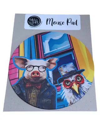 20cm Round Mouse Pad- Funky Farm Animals with Pig & Chicken