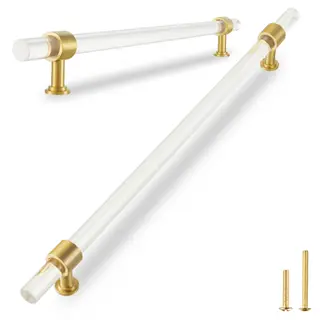 QOGRISUN 2-Pack Acrylic Cabinet Pulls with Brass Base, Gold Modern Drawer Handles, 10-inch Hole Center for Kitchen