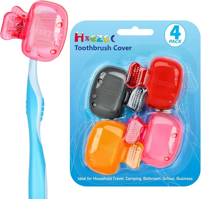 4 Pack Travel Toothbrush Head Covers Toothbrush Protector Cap Brush Pod Case Protective Portable Plastic Clip for Household Travel, Bathroom, School, Camping, Business (Grey, Red, Orange, Pink)