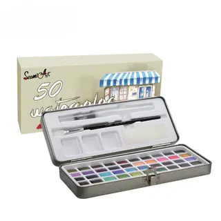 SeamiArt 50-Color Solid Watercolor Set with Tin Box & Water Brush Pen