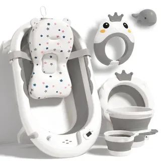Topika 7pcs Foldable Baby Bathtub, Baby Bath Set with Cushion & Rinse Kit