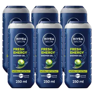 NIVEA MEN Energy 3in1 Shower Gel Body Wash with Mint Extract, 250ml, Pack of 6