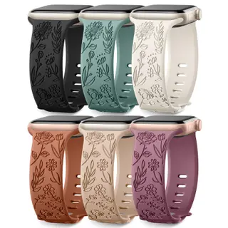 6 Pack Floral Engraved Bands Compatible with Apple Watch Band 44mm 40mm 38mm 41mm 45mm 49mm 42mm Women