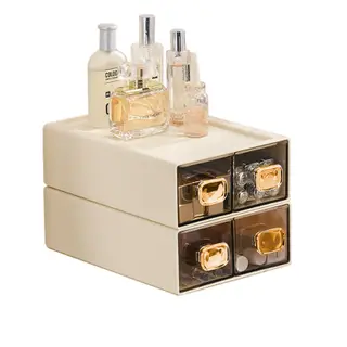 2PACK Stackable Desktop Storage Organizer Plastic Desk Organizer with Drawer Stacking Drawer for Home, Makeup, Vanity, Garage,Office, and Small Organization(M - 2 Drawer, Cream White)
