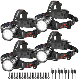 UUYEE Rechargeable Headlamp High Lumen, 3000L Super Bright LED Head Lamp | 4 Models, Adjustable Focus, 90° Rotatable Head Lights for Forehead, Headlight Flashlight for Adults Hardhat Camping - 4 Pack