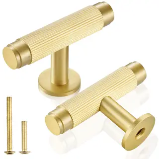 QOGRISUN 5-Pack Solid Brass Cabinet Knobs, Modern Gold T Bar Pulls, Single Hole Handles for Kitchen Drawer Dresser Cupboard, 2.1-Inch Total Length, Brushed Brass Finish – Eleganza