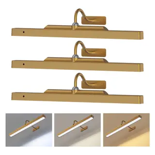 Picture Light Battery Rechargeable, 3Pack Picture Light for Wall with Remote, 3 Color Modes and Dimmable Classic Art Lights for Paintings, Pictures in Gallery, Bedroom, Bathroom with Timer Brass