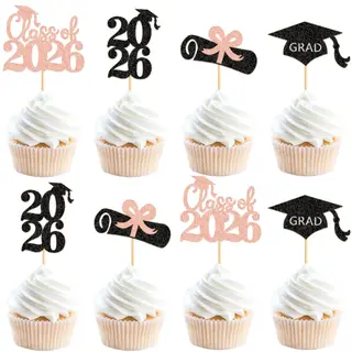 Ercadio 48 Pack 2025 Graduation Cupcake Toppers Black Rose Gold Glitter Grad Cap Diploma Class of 2025 Cupcake Picks for 2025 Graduation Theme Party Cake Decorations Supplies