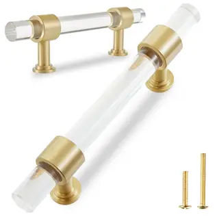 QOGRISUN 2-Pack Acrylic Cabinet Pulls with Brass Base, Gold Modern Drawer Handles, 3-3/4-inch Hole Center for Kitchen, Dresser Drawer Clear Glass Crystal Pulls, 5.9-inch Total Length