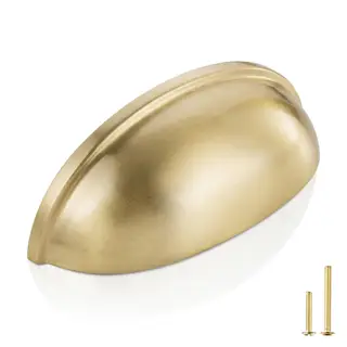 QOGRISUN 5-Pack Solid Brass Cabinet Bin Pulls,Gold Cup Drawer Dresser Handles,3-Inch Hole Center, 3-3/5-Inch Overall Length,Kitchen Cupboard Konbs Hardware, Brushed Brass Finish