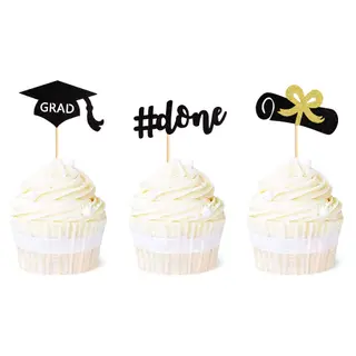 Ercadio 24 Pack Graduation Done Cupcake Toppers Black Glitter Grad Cap Diploma Cupcake Picks Class of 2026 Graduation Theme Party Cake Decorations