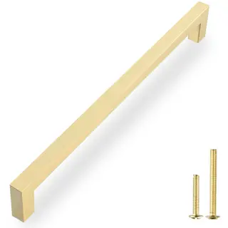 QOGRISUN 2-Pack Solid Brass Cabinet Pulls, Gold Square Drawer Handles, 10-inch Hole Center Kitchen Hardware for Dresser, Cupboard, Brushed Brass Finish