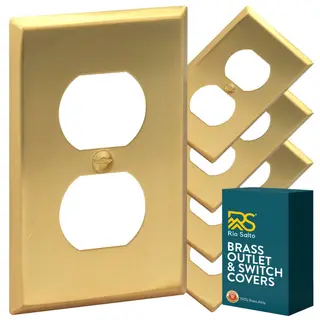 Rio Salto BRASS Metal Gold Outlet Cover or Light Switch Cover Wall Plate Corrosion Resistant Single Duplex Receptacle Wallplate Covers 1 Gang Brushed Brass 4.50" x 2.76" 5-Pack Standard Size