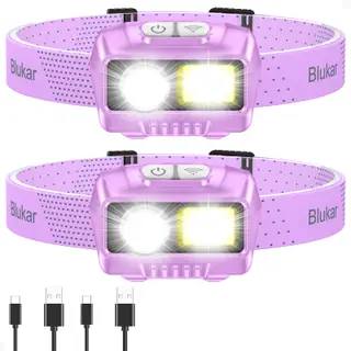 Blukar LED Headlamp Rechargeable, 2000L Super Bright Headlight Flashlight | 8 Modes & Stepless Dimming, Spotlight & Floodlight, Motion Sensor, IPX5 Waterproof for Camping,Hiking,Running -2 Pack-Purple
