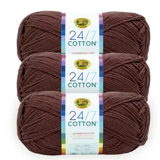 Lion Brand Yarn Lightweight 24/7 Cotton Yarn for Knitting, Crocheting, and Crafts, Coffee Beans, 3 Pack