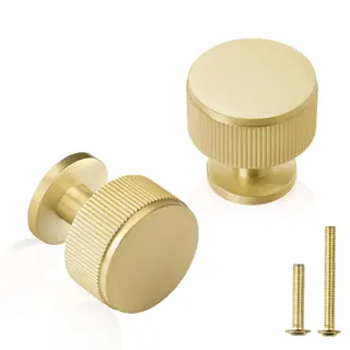 QOGRISUN 5-Pack Solid Brass Cabinet Knobs Pulls,1-1/8-Inch Diameter, Modern Cabinet Handles,Grooved Gold Knobs for Dresser Drawer,Brushed Brass Finish – Eleganza