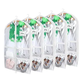 Syeeiex 40 Inch Clear Dance Costume Garment Bag, White, 5 Pack | Clear PVC Window, 4 Zipper Pockets and ID Card Holder, Foldable Hanging Dance Garment Bags with 3in Gusseted for Dancers