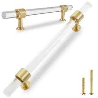 QOGRISUN 2-Pack Acrylic Cabinet Pulls with Brass Base, Gold Modern Drawer Handles, 6-1/4-inch Hole Center for Kitchen, Dresser Drawer Clear Glass Crystal Pulls, 8.8-inch Total Length