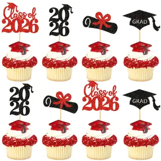 Ercadio 48 Pack 2025 Graduation Cupcake Toppers Black Red Glitter Grad Cap Diploma Class of 2025 Cupcake Picks for 2025 Graduation Theme Party Cake Decorations Supplies