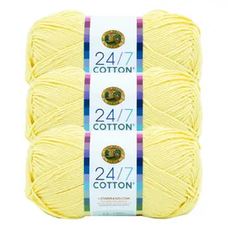 Lion Brand Yarn Lightweight 24/7 Cotton Yarn for Knitting, Crocheting, and Crafts, Lemon, 3 Pack