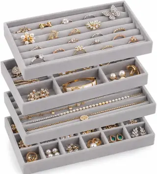 Jewellery Organiser Trays, 4 Piece Stackable Velvet Storage
