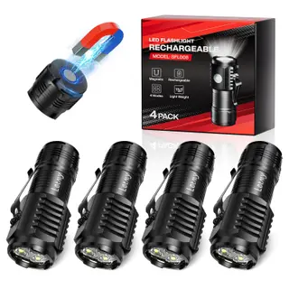 LETMY Rechargeable Mini Flashlights with Magnetic Base, 4 Pack Bright 3 LED Flash Lights, Small Tactical Flashlight with Belt Clip, 4 Lighting Modes Portable Rechargeable Flashlights for Camping Home