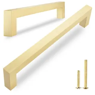 QOGRISUN 2-Pack Solid Brass Cabinet Pulls, Gold Square Drawer Handles, 5-inch Hole Center Kitchen Hardware for Dresser, Cupboard, Brushed Brass Finish