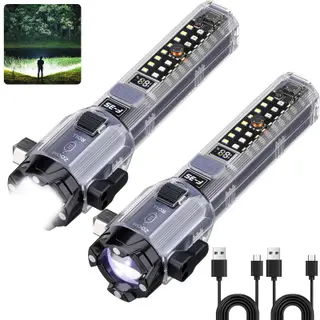 Emergency Car Flashlights, Peascat High Lumens Multifunctional Rechargeable Tactical LED Flashlights 2 Packs, with Window Breaker, Belt Cutter, 7 Modes, Alarm, USB C, Self Defense Flashlight for Car