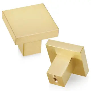 QOGRISUN Solid Brass Square Cabinet Knobs, Gold Drawer Pulls – 1-3/16 Inch (30 mm), 10-Pack, Brushed Brass Finish for Kitchen Cabinets, Bathroom Vanity, Dresser, Closet Doors