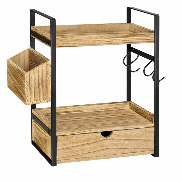 2-Tier Coffee Station Organizer with Drawer, Side Storage Box & 4 Hooks