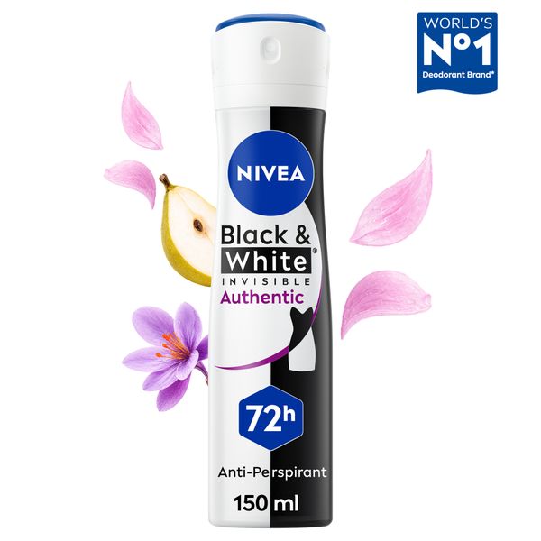 NIVEA Black & White Invisible Authentic Deodorant 150ml, 72H, Anti-Stain