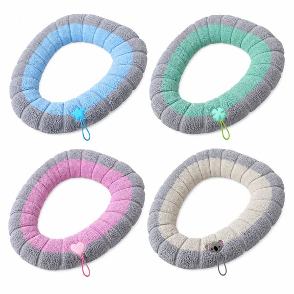 4 Piece Toilet Seat Covers Washable Soft with Handy Pull Handle Stretch Fit