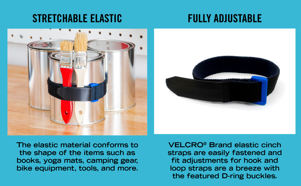 VELCRO Brand 30 Inch Elastic Straps 4 Pack | Stretchable and Adjustable For Snug Fit | Fasten Outdoor Umbrellas, Wood, Tarps, Blankets, Poles, More | Cinch with Buckle, Black 30x1"