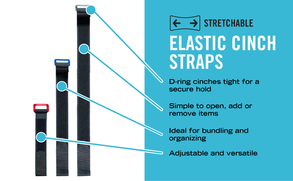 VELCRO Brand 30 Inch Elastic Straps 4 Pack | Stretchable and Adjustable For Snug Fit | Fasten Outdoor Umbrellas, Wood, Tarps, Blankets, Poles, More | Cinch with Buckle, Black 30x1"