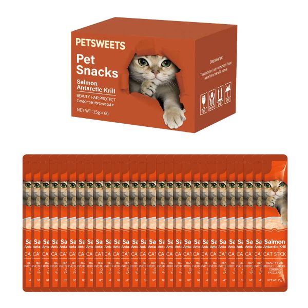 60 Piece Lick-e-Lix Cat Treats Sticks Salmon Krill - Kitten Friendly