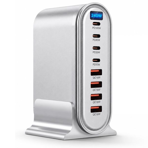 240W GaN Charging Station 8 Port Desktop Power Hub with Digital Display