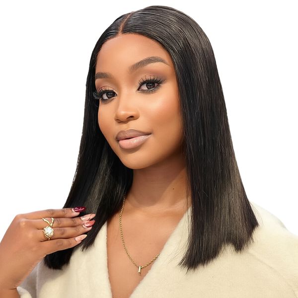 14"Vietnamese Straight Bob Wig-Human Hair 13x4 Frontal Wig Black In