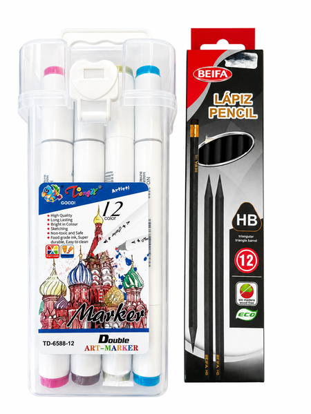 12-Colour Double-Tip Art Marker Set with 12 HB Pencils